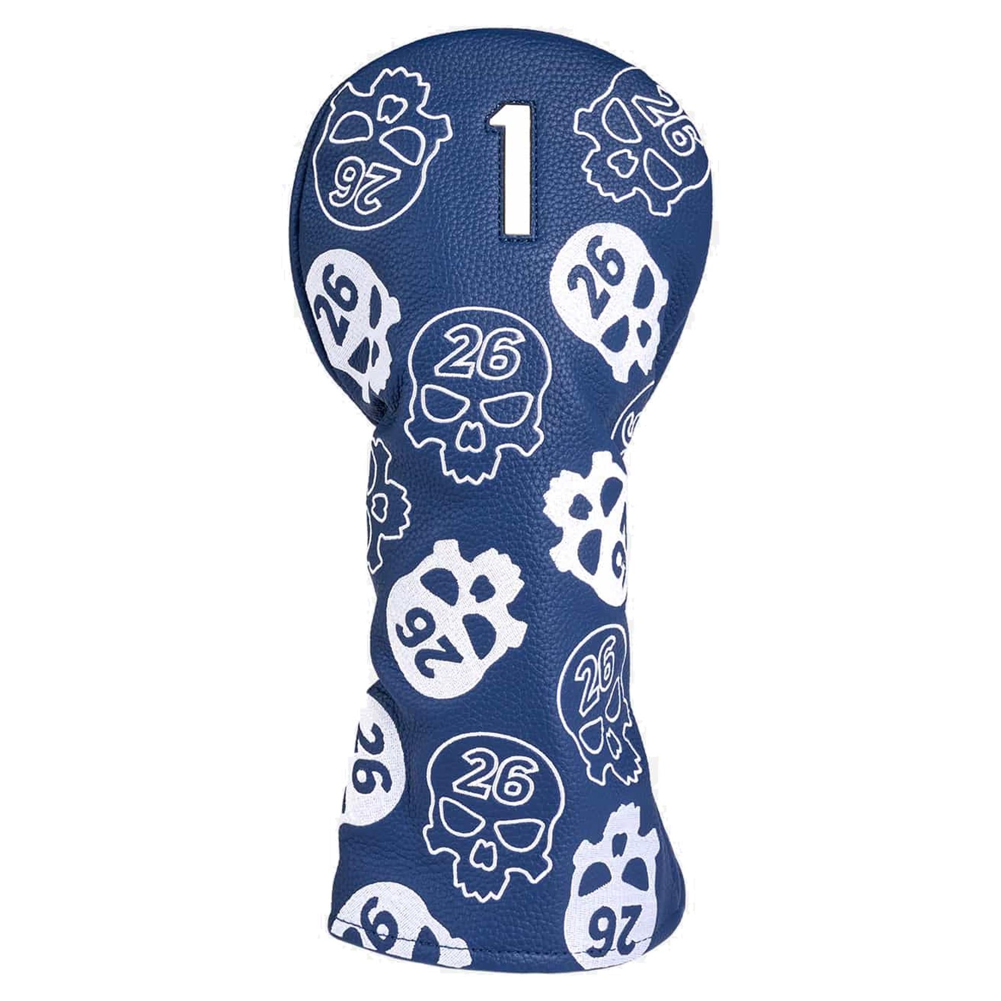 Front view of PXG Darkness Driver Headcover in navy and white
